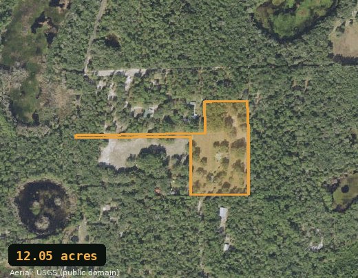 A deed's parcel boundary plotted on aerial imagery — a 12-acre rural Florida parcel